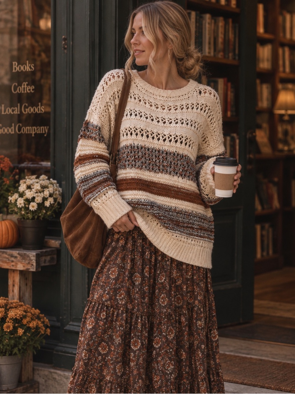 Zara Cream, Brown & Tan Striped Open-Knit Sweater
